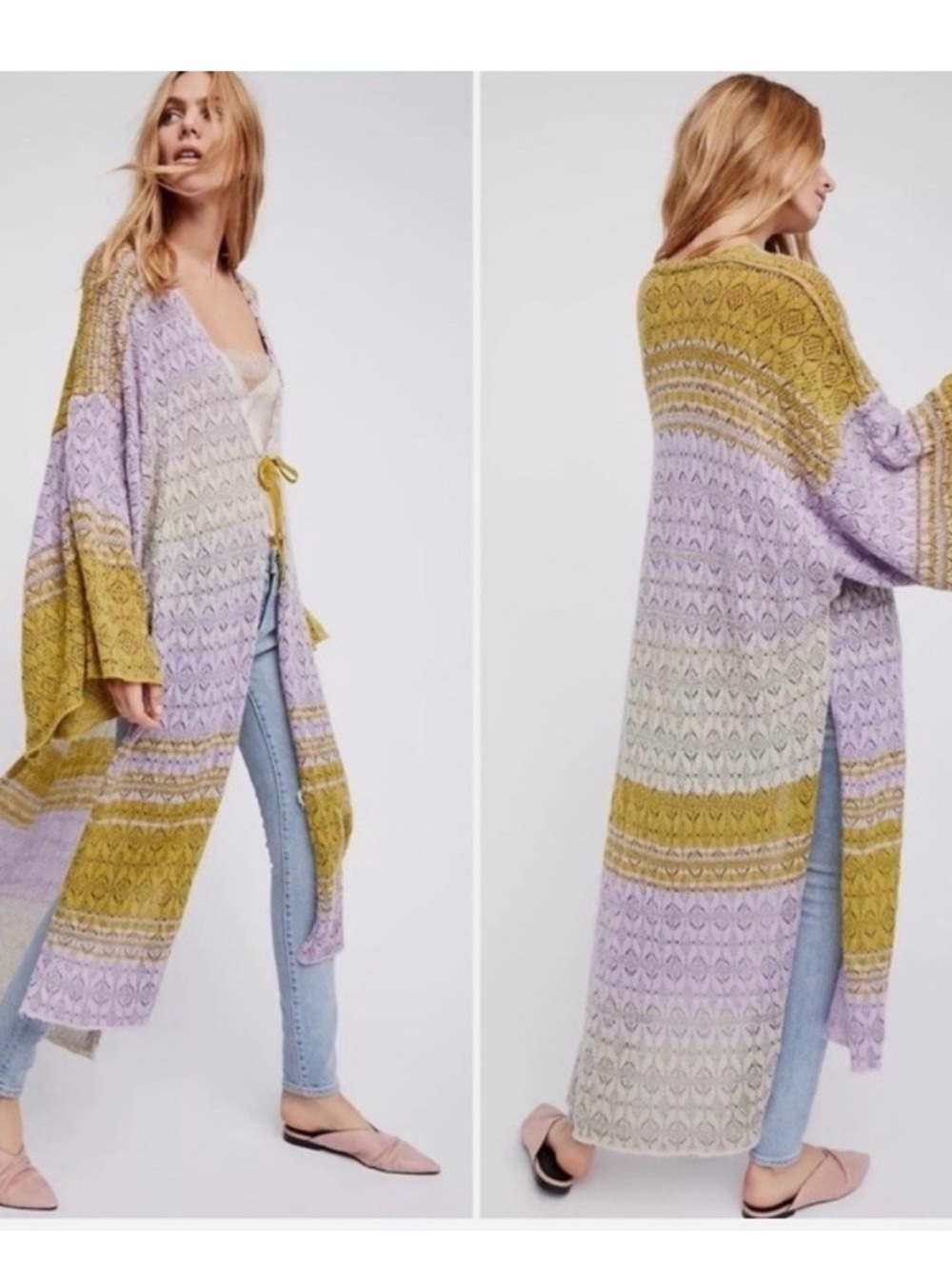 Free People Two-Tone Knit Cardigan in Olive Green and Lavender